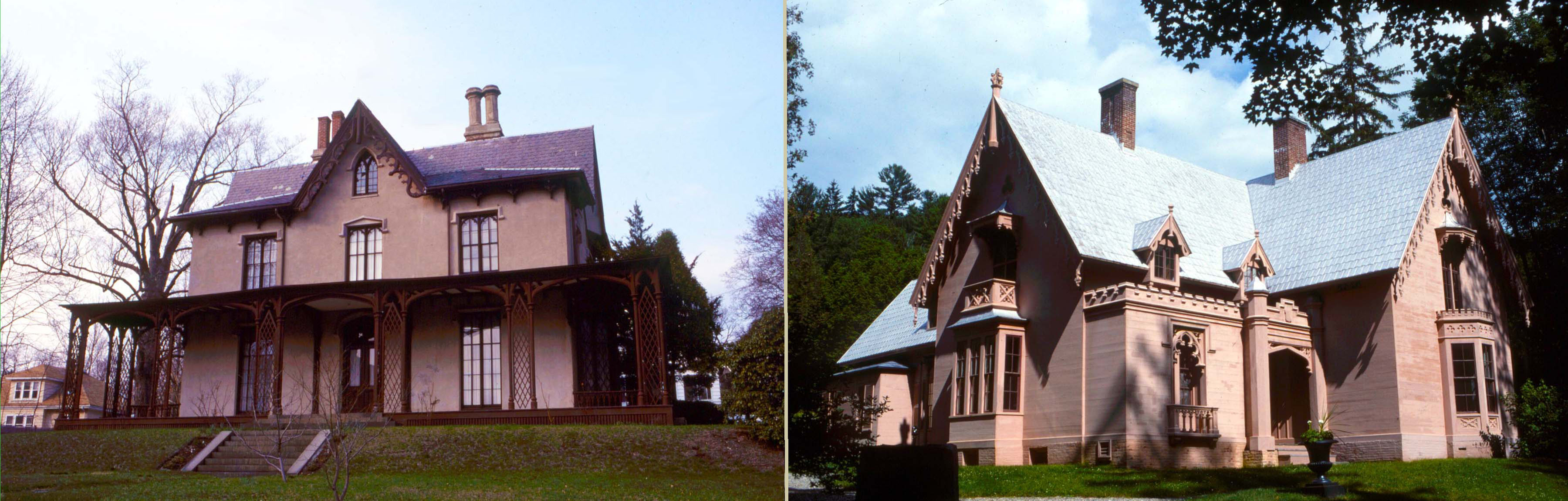 Carpenter Gothic with wood plank exterior in soft pink to resemble stone