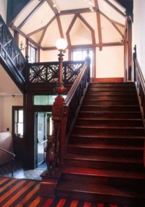 A wonderfully imagined staircase is full of carved and wooden timbered elements