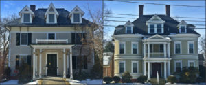 These two buildings seem remarkably similar, but in fact, the house on the left is Stick style and most likely predates the one on the right, a Colonial Revival, by 15 or more years.